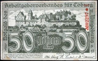 Coburg 1923 " Employers Assoc.  " 50 Million Mark Inflation Notgeld German Banknote
