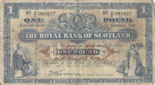 Royal Bank Of Scotland Uk Britain 1 Pound Brown 1944 P - 322