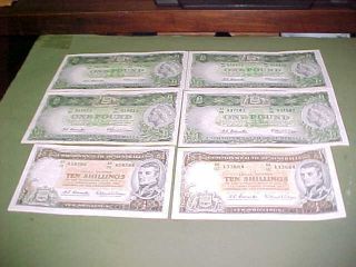" 6 " Australian Bank Notes: 4 - One Pound Bank Notes & 2 - Ten Shillings No Res