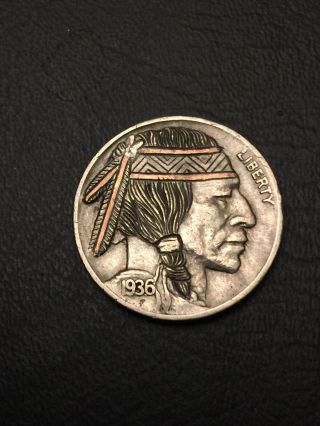 Hobo Nickel Hand Carved Engraved Ohns Native American Brave With Copper Inlay