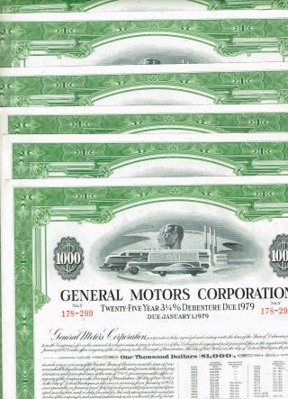 Set 6 General Motors Corp. ,  1954,  $1000 Bond,  Vf - See Scan