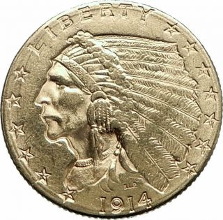 1914 United States Of America Us 2 1/2 Dollar Gold Quarter Eagle W Indian I79797