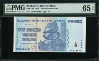 Zimbabwe 100 Trillion Dollars 2008 P91 S/n Aa4665099 Pmg 65 Epq Unc