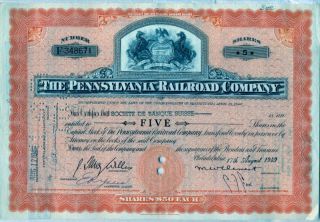 Pennsylvania Railroad Company Stock Certificate Orange Horses State Seal
