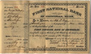 First National Bank Of Skowhegan,  Maine Stock Certificate