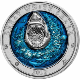 Great White Shark 3 Oz Antigue Finish Silver Coin 5$ Barbados 2018