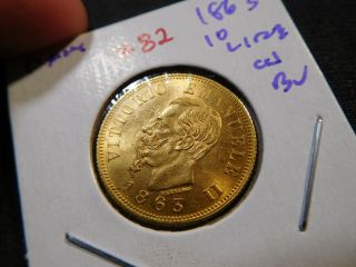 Z82 Italy 1863 Gold 10 Lire Choice Bu