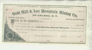 Ca1885 Gold Hill & Lee Mountain Mining Company Helena M.  T.  Stock Certificate