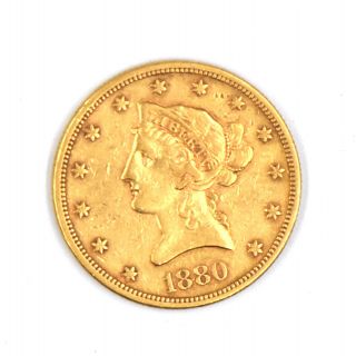 1880 - S $10 Liberty Head Eagle 90 Gold Us Collectible Coin - F - Vf
