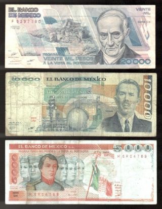 Mexico Inflation Notes 20,  000; 10,  000 & 5000 Pesos 1980 