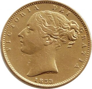 1853 Great Britain Victoria Young Head Shield Gold Full Sovereign Coin