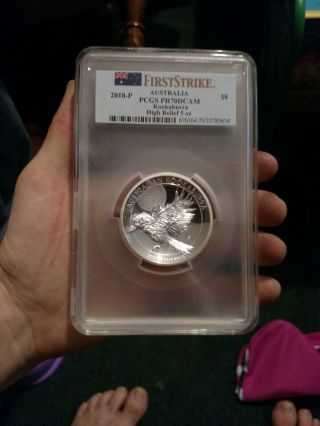 2018 - P $8 Australia Kookaburra High Relief 5oz 9999 Silver Coin Pcgs Pr70dcam Fs