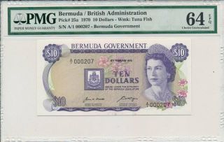 Bermuda Government Bermuda $10 1970 Low S/no 000207 Pmg 64epq