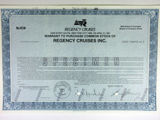 Regency Cruises Inc. ,  1986 Specimen Stock Certificate,  Xf Abnc