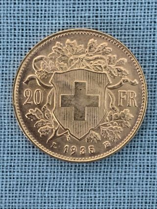 1935 - Lb Switzerland 20 Fr Francs Gold Coin
