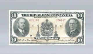 1935 The Royal Bank Of Canada $10 Ten Dollar Bank Note Serial 620107