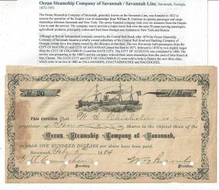 Stk - Ocean Steamship Co.  Of Savannah.  1884 20 Great Information,  See Images
