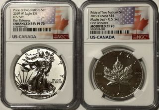 2019 W $1 & $5 Silver Reverse Proof Ngc Pf70 Fr Pride Of Two Nations 2 Coin Set.