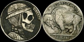 1 Of A Kind 1937 Buffalo Nickel " Girl Skeleton Head " (hobo) Rare Coin