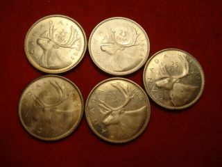 5 Silver Canada 25 Cents Coins 1961 - 1966
