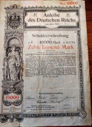 Germany 1905 Berlin Deutschen Reichs 10000 Mark Unc Bond Loan Stock Anleihe