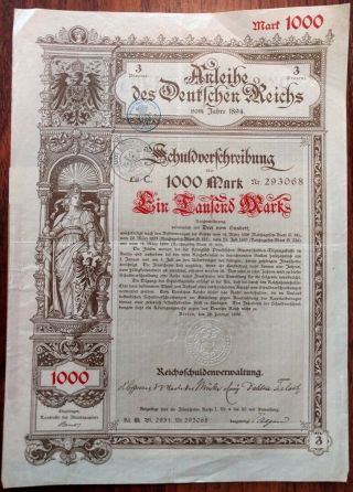 Germany 1894 Berlin Deutschen Reichs 1000 Mark Coups Talon Unc Bond Loan Anleihe
