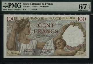Tt Pk 94 1939 - 42 France 100 Francs " N.  Bethune " Pmg 67 Epq Gem Unc