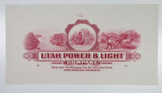 Abn Proof Vignette " Utah Power & Light Company " 1920 - 30s Intaglio Cu Red Abnc