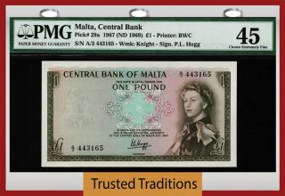Tt Pk 29a 1967 Malta Central Bank 1 Pound " Queen Elizabeth Ii " Pmg 45