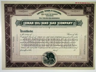 Omar Oil & Gas Co. ,  1920s Capital Stock Certificate,  Vf