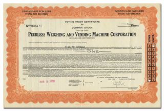 Peerless Weighing And Vending Machine Corp.  Stock Certificate (penny Scales)