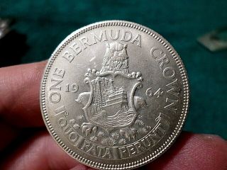 1964 Bermuda Silver Coin,  One Crown,  Lion Holding Shield,  Queen Elizabeth