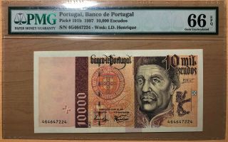 1997 Portugal 10000 Escudos Banknote Pmg 66 Epq (pick 191b) - -