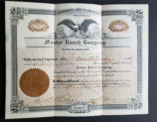 1908 Foster Ranch Company Stock Certificate Melstone Helena Mt Montana