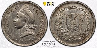 Dominican Republic 1937 25 Centavos Pcgs Cleaned—xf Detail