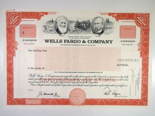 Wells Fargo & Co. ,  1996 100 Shrs Specimen Stock Certificate,  Xf Abnc