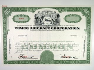 Temco Aircraft Corp. ,  1960s 100 Shrs Specimen Stock Certificate,  Xf Abnc