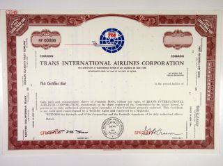 Nv.  Trans International Airlines Corp. ,  1970s Specimen Stock Certificate,  Xf