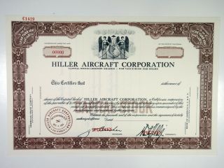 Ca.  Hiller Aircraft Corp. ,  1960s 100 Shrs Specimen Capital Stock Certificate