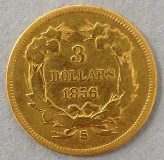 1856 S San Francisco Scarce Indian Princess Head $3 United States Gold Coin