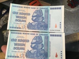 Two 2008 Zimbabwe One Hundred Trillion Dollars Uncirculated Authentic
