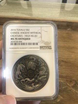 Tuvalu 2016 Ancient Chinese Mythical Creatures $2 2 Oz Silver Ngc Ms70 Antiqued