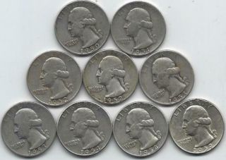 Group Of (9) Silver Washington Quarters All Different 1950 - 1959