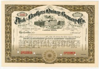 Il.  Dick And Brothers Quincy Brewery Co 1900 - 20 Specimen Stock Cert 100 Shr Rbn
