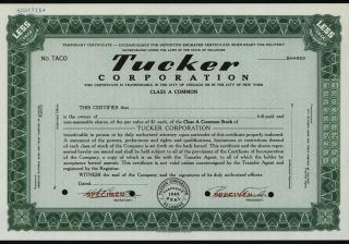 Tucker Corp. ,  1946 100 Shrs Class A Specimen Stock Certificate,  Xf Green Sbn