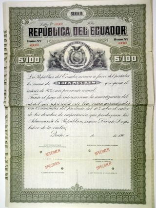 Ecuador.  Republica Del Ecuador 1900s Specimen 100 Sucres 6 Coupon Bond Vf Abn