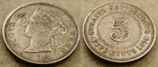 20: 1874h Straits Settlements Malaya Singapore Qv 5 Cents.  800 Silver Coin Xf
