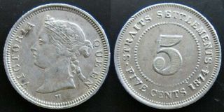 20: 1874H Straits Settlements Malaya Singapore QV 5 Cents.  800 Silver Coin XF 2