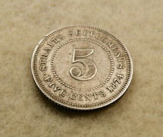 20: 1874H Straits Settlements Malaya Singapore QV 5 Cents.  800 Silver Coin XF 5
