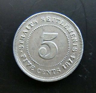 20: 1874H Straits Settlements Malaya Singapore QV 5 Cents.  800 Silver Coin XF 7